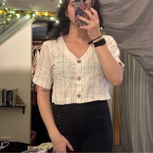 100% Cotton Cropped V-Neck Button Front Women's Top